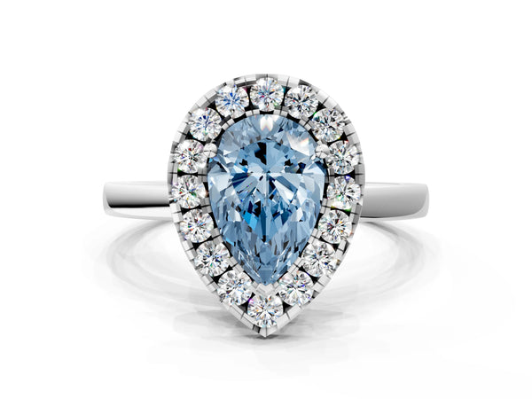 Platinum Fancy Blue Pear  Halo Diamond Solitaire with Pavé Band and Four-Prong Setting