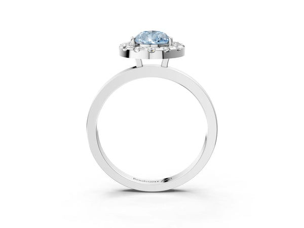 Platinum Fancy Blue Pear  Halo Diamond Solitaire with Pavé Band and Four-Prong Setting