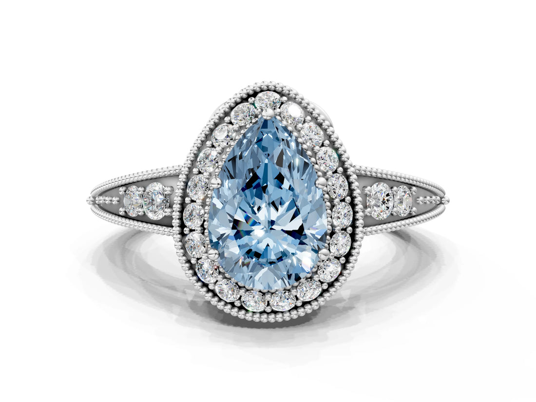 White gold Fancy Blue Pear  Halo Diamond Split Shank Ring with Milgrain Detail_48