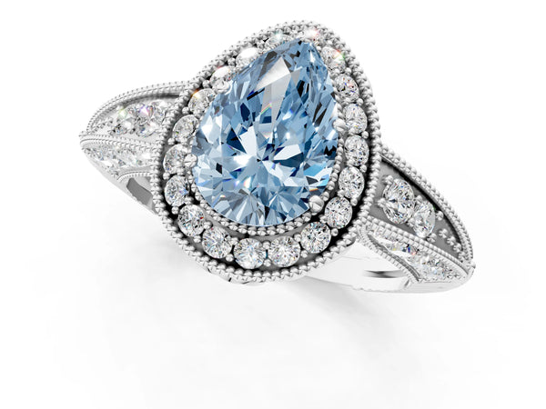 Platinum Fancy Blue Pear  Halo Diamond Split Shank Ring with Milgrain Detail