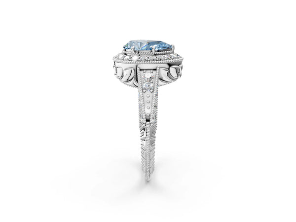 Platinum Fancy Blue Pear  Halo Diamond Split Shank Ring with Milgrain Detail