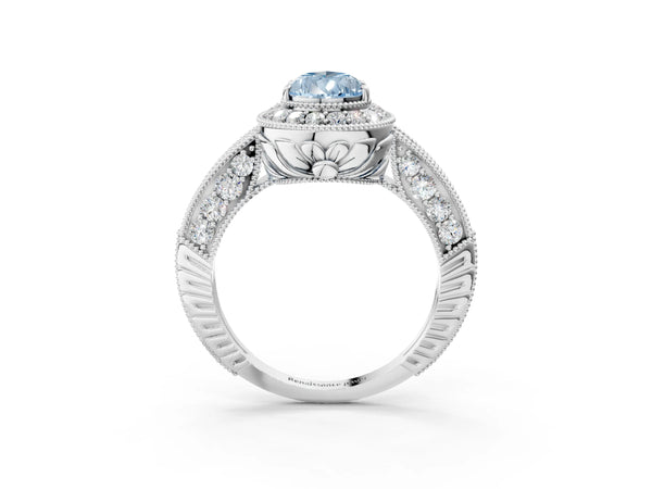 Platinum Fancy Blue Pear  Halo Diamond Split Shank Ring with Milgrain Detail