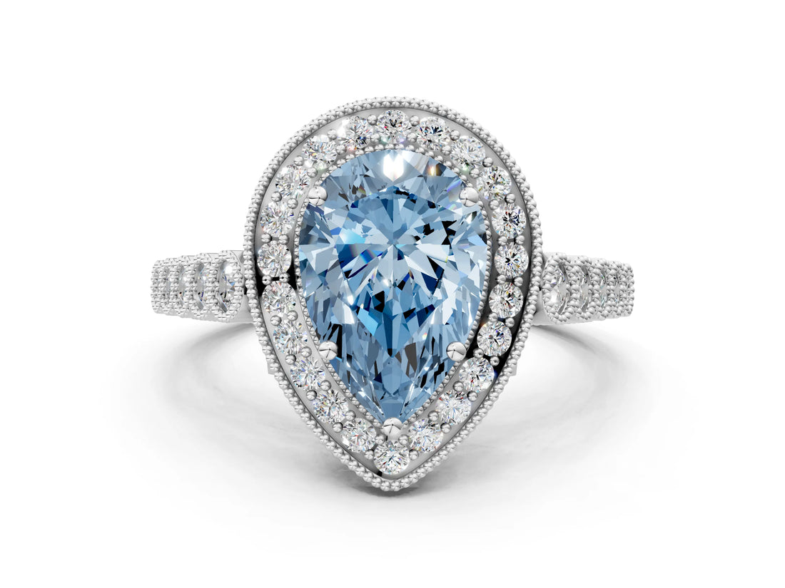 White gold Fancy Blue Pear  Halo Milgrain Solitaire with Bezel Set Side Stones and Pave Band_65