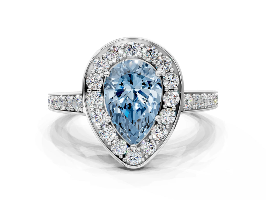 White gold Fancy Blue Pear  Halo Pavé Diamond Engagement Ring with Bezel Setting_50