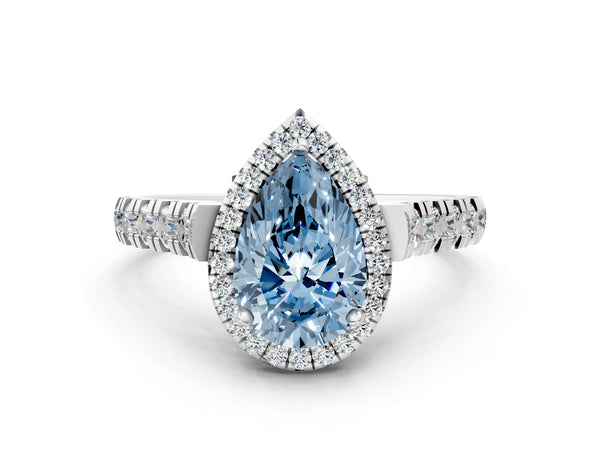 Platinum Fancy Blue Pear  Halo Pavé Diamond Engagement Ring with Four-Prong Setting