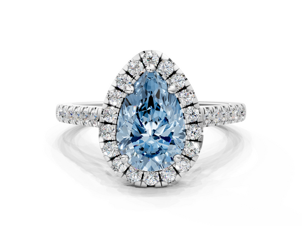 Platinum Fancy Blue Pear  Halo Pavé Diamond Engagement Ring with Four-Prong Setting