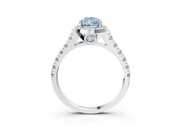 Platinum Fancy Blue Pear  Halo Pavé Diamond Engagement Ring with Four-Prong Setting