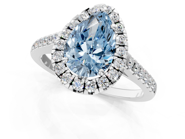 Platinum Fancy Blue Pear  Halo Pavé Diamond Engagement Ring with Four-Prong Setting