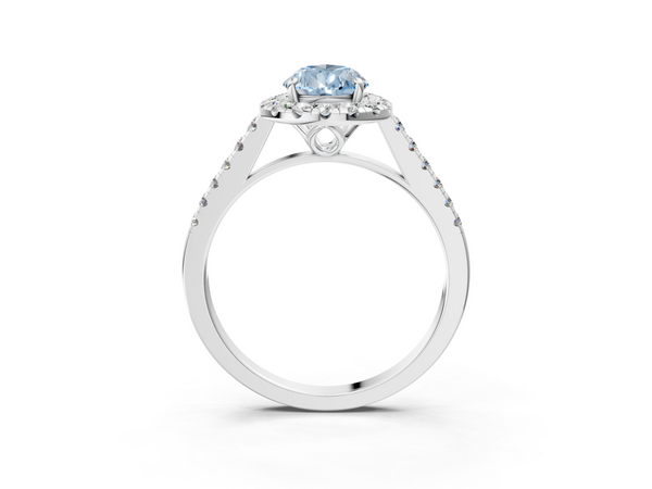 Platinum Fancy Blue Pear  Halo Pavé Diamond Engagement Ring with Four-Prong Setting