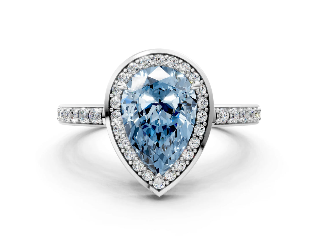 White gold Fancy Blue Pear  Halo Pave Band Solitaire Ring with Prong Setting_67