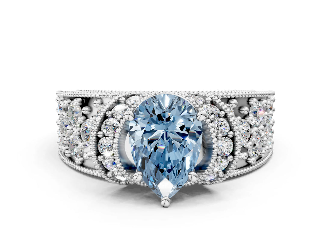 White gold Fancy Blue Pear  Halo Pave Diamond Engagement Ring with Milgrain Detailing_49