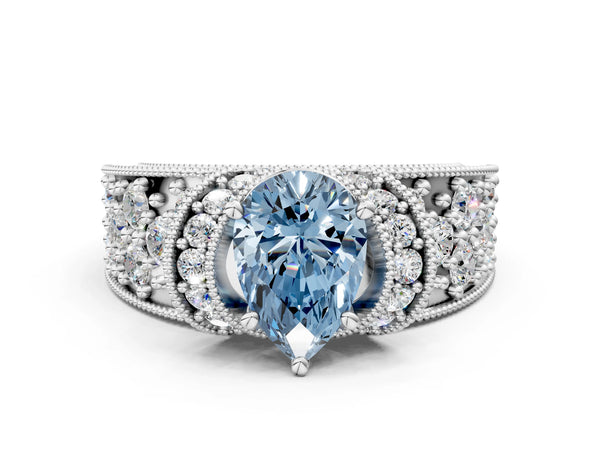 Platinum Fancy Blue Pear  Halo Pave Diamond Engagement Ring with Milgrain Detailing
