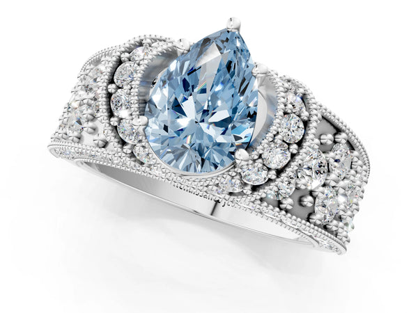 Platinum Fancy Blue Pear  Halo Pave Diamond Engagement Ring with Milgrain Detailing