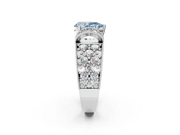 Platinum Fancy Blue Pear  Halo Pave Diamond Engagement Ring with Milgrain Detailing