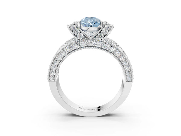 Platinum Fancy Blue Pear  Halo Pave Diamond Engagement Ring with Milgrain Detailing