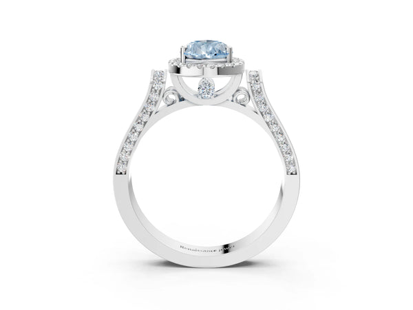 Platinum Fancy Blue Pear  Halo Pave Split Shank Prong Setting Ring