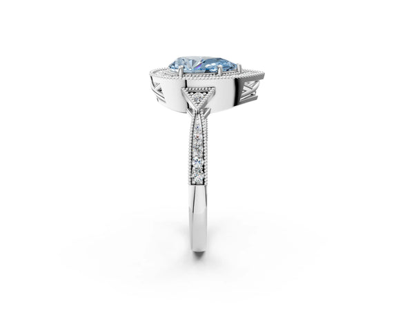 White gold Fancy Blue Pear  Halo Round Diamond Milgrain Pave Engagement Ring