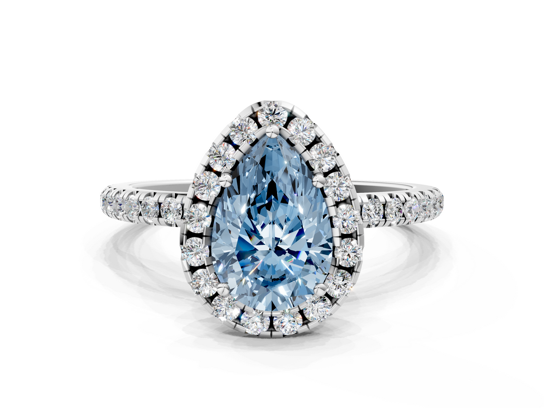 White gold Fancy Blue Pear  Halo Round Diamond Pavé Band Four-Prong Ring_3