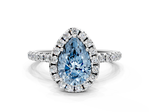 Platinum Fancy Blue Pear  Halo Round Diamond Pavé Band Four-Prong Ring