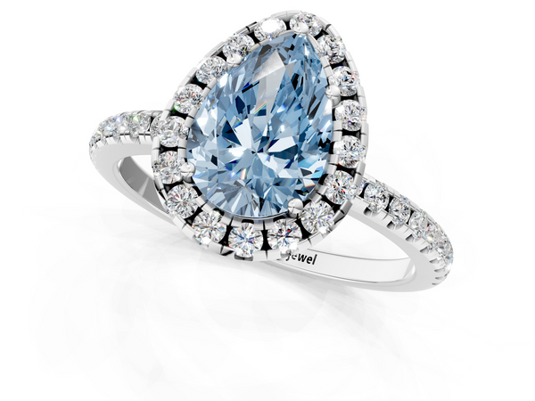 Platinum Fancy Blue Pear  Halo Round Diamond Pavé Band Four-Prong Ring