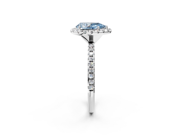 Platinum Fancy Blue Pear  Halo Round Diamond Pavé Band Four-Prong Ring