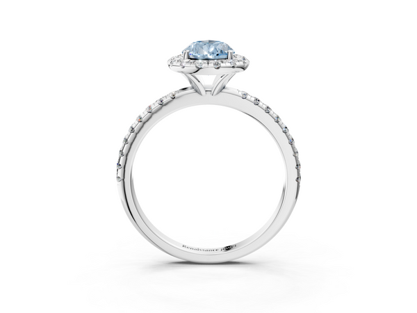 Platinum Fancy Blue Pear  Halo Round Diamond Pavé Band Four-Prong Ring