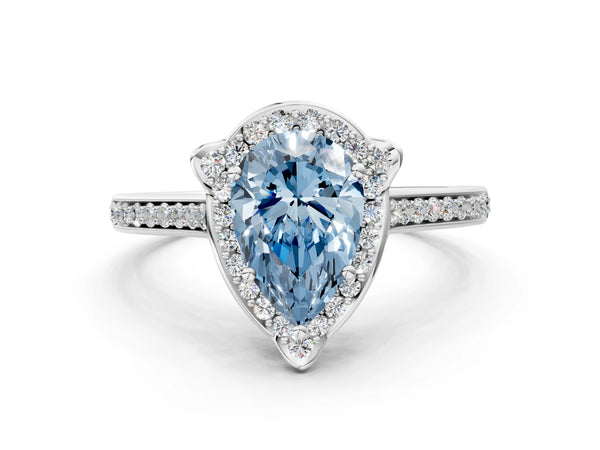Platinum Fancy Blue Pear  Halo Round Diamond Pave Band with Four-Prong Setting