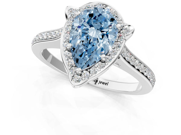Platinum Fancy Blue Pear  Halo Round Diamond Pave Band with Four-Prong Setting