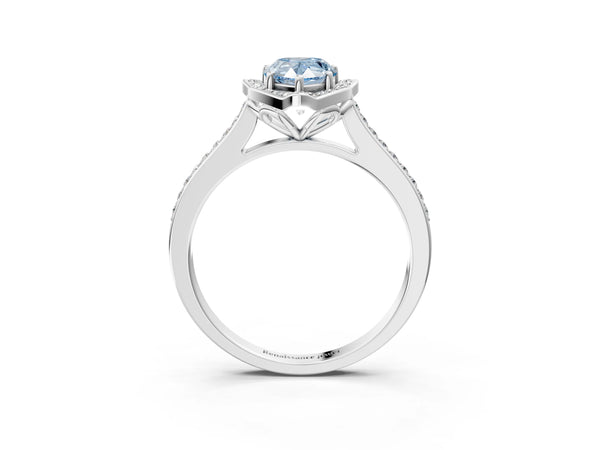 Platinum Fancy Blue Pear  Halo Round Diamond Pave Band with Four-Prong Setting