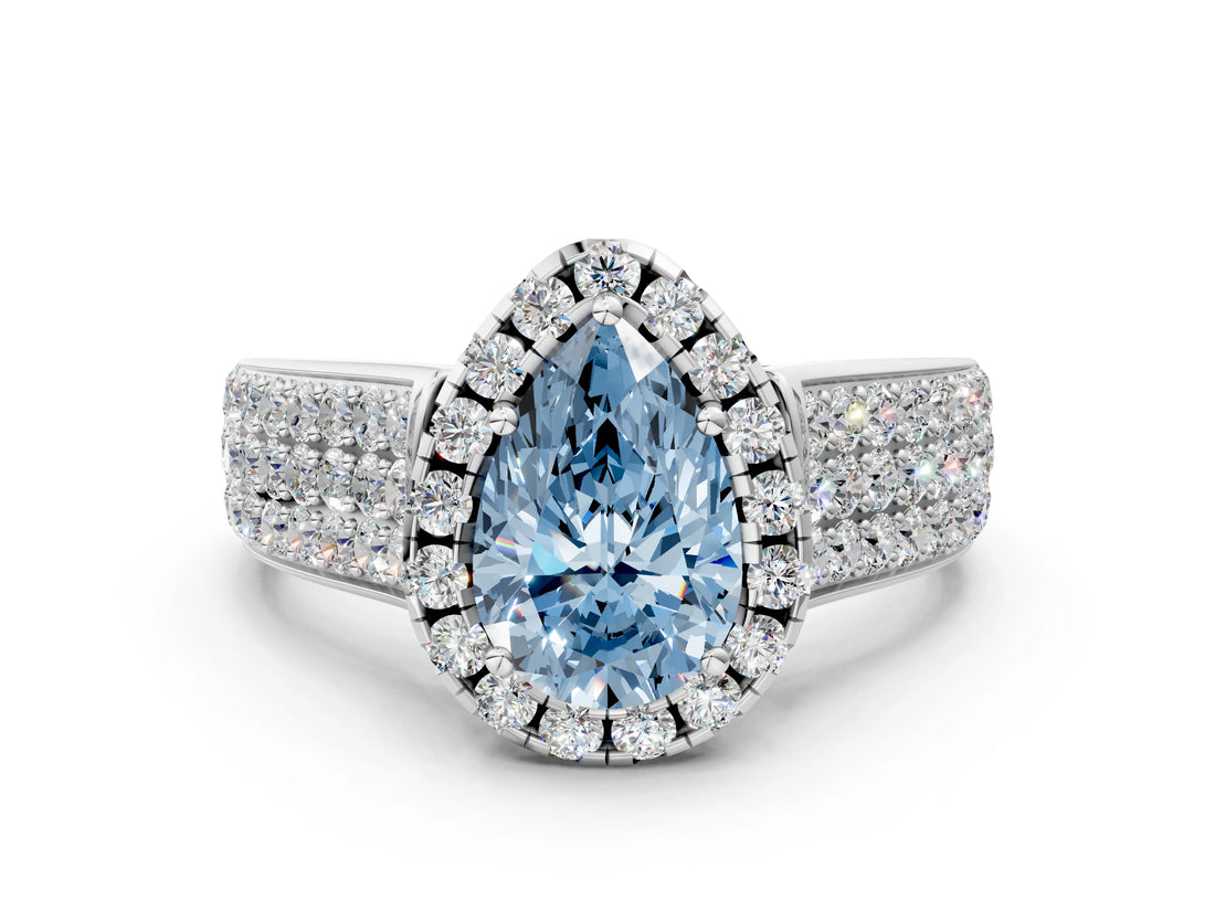 White gold Fancy Blue Pear  Halo Round Diamond Pave Band with Prong Setting_24