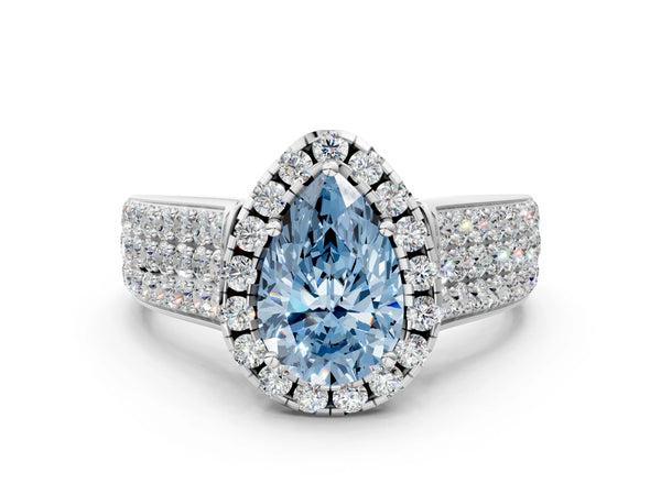 Platinum Fancy Blue Pear  Halo Round Diamond Pave Band with Prong Setting