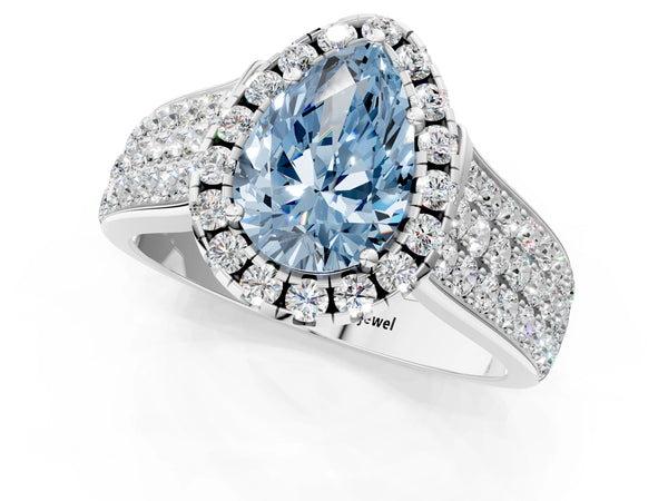 Platinum Fancy Blue Pear  Halo Round Diamond Pave Band with Prong Setting