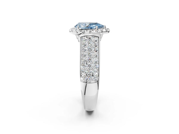 Platinum Fancy Blue Pear  Halo Round Diamond Pave Band with Prong Setting