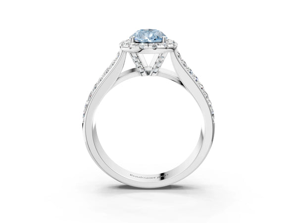Platinum Fancy Blue Pear  Halo Round Diamond Pave Band with Prong Setting