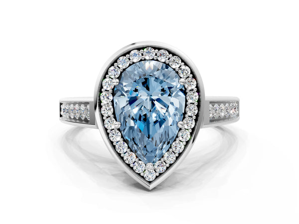 Platinum Fancy Blue Pear  Halo Solitaire Diamond Ring with Pave Band and Bezel Setting