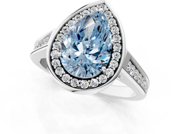Platinum Fancy Blue Pear  Halo Solitaire Diamond Ring with Pave Band and Bezel Setting