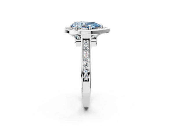 Platinum Fancy Blue Pear  Halo Solitaire Diamond Ring with Pave Band and Bezel Setting