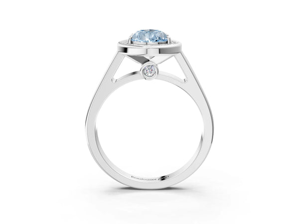 Platinum Fancy Blue Pear  Halo Solitaire Diamond Ring with Pave Band and Bezel Setting