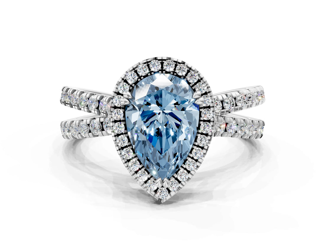 White gold Fancy Blue Pear  Halo Split Shank Diamond Ring with Pavé Setting_26
