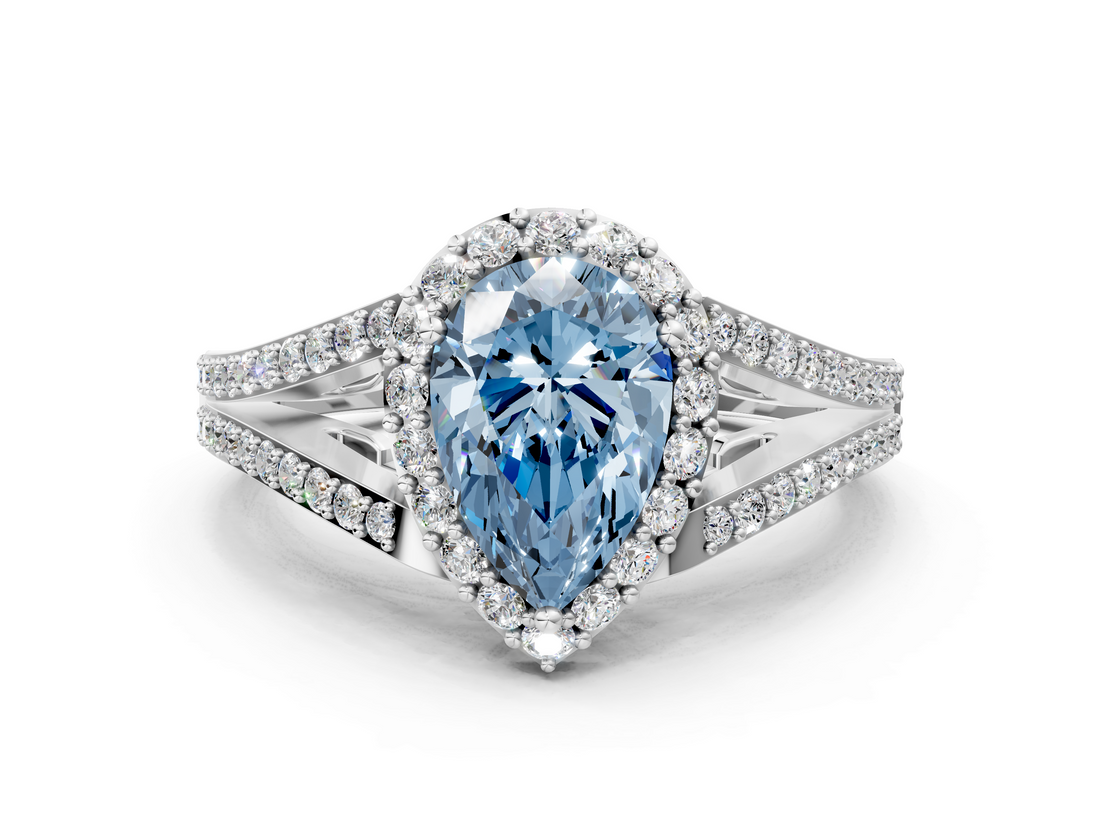 White gold Fancy Blue Pear  Halo Split Shank Diamond Ring with Prong Setting_20