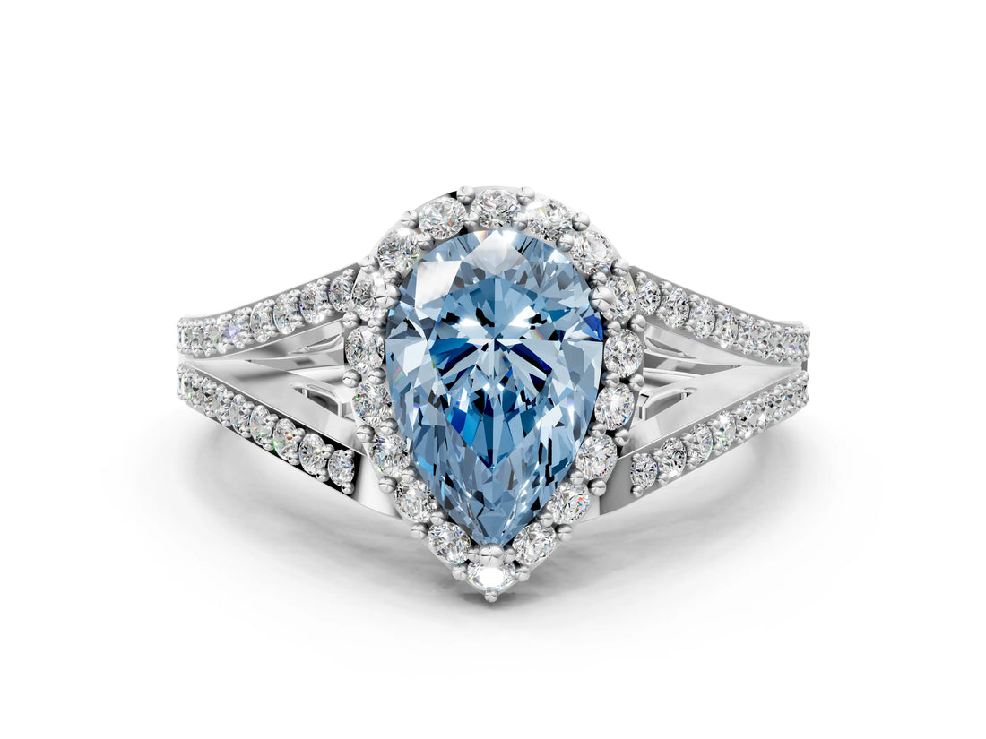 White gold Fancy Blue Pear  Halo Split Shank Pave Diamond Ring with Four-Prong Setting_49