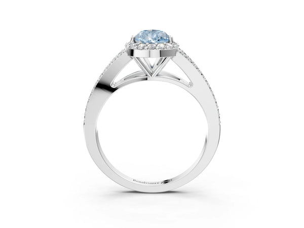 White gold Fancy Blue Pear  Halo Split Shank Pave Diamond Ring with Four-Prong Setting