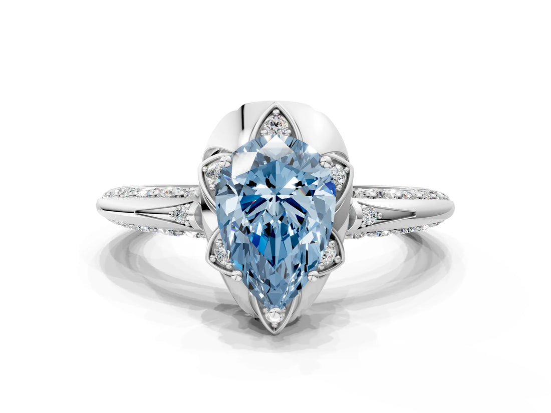 White gold Fancy Blue Pear  Halo Split Shank Pave Diamond Ring with Petal Prong Setting_27
