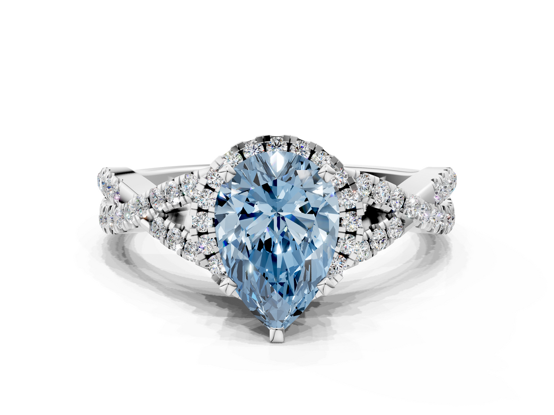 White gold Fancy Blue Pear  Halo Twist Band Solitaire Prong Setting Ring_82