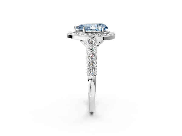White gold Fancy Blue Pear  Halo Twist Band Solitaire Ring with Six-Prong Setting