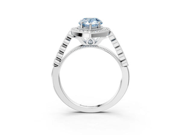 White gold Fancy Blue Pear  Halo Twist Band Solitaire Ring with Six-Prong Setting