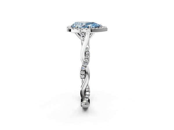 White gold Fancy Blue Pear  Halo Twist Band Solitaire Ring