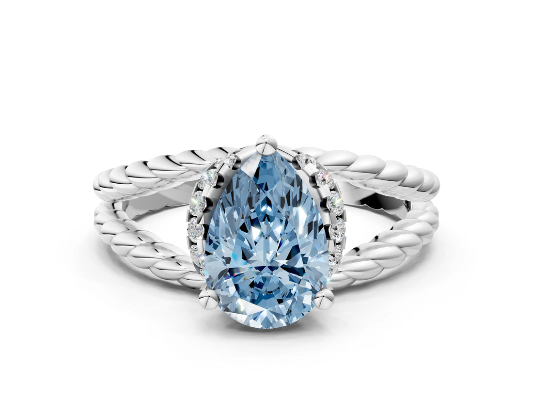 White gold Fancy Blue Pear  Halo Twisted Band Four-Prong Ring_32