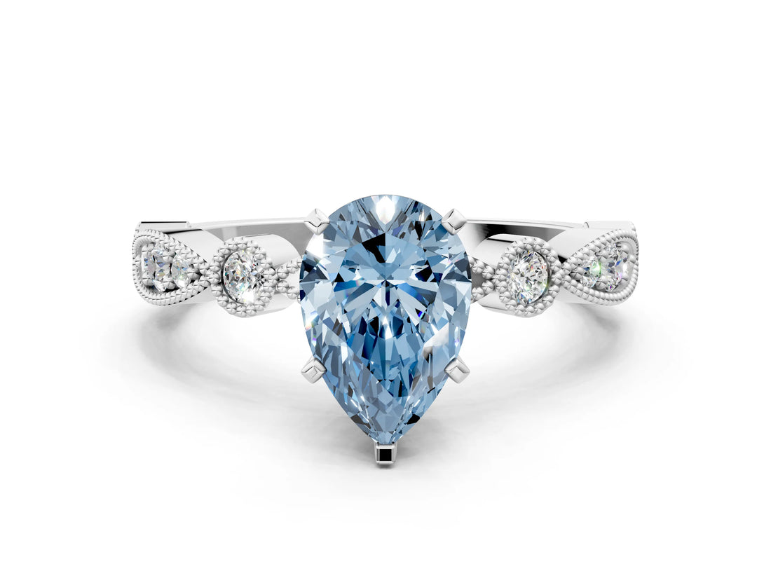 White gold Fancy Blue Pear  Milgrain Bezel Diamond Engagement Ring with Solitaire Prong Setting_148