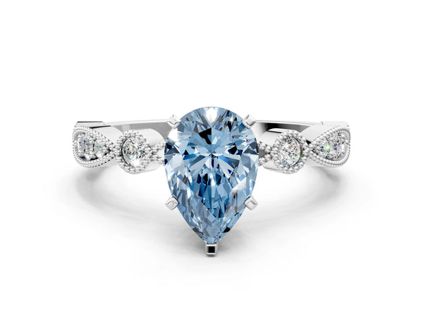 White gold Fancy Blue Pear  Milgrain Bezel Diamond Engagement Ring with Solitaire Prong Setting
